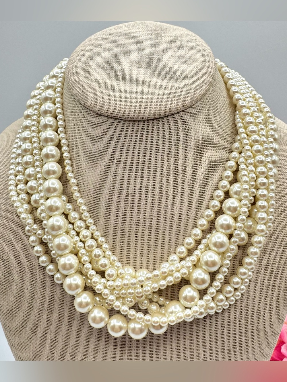 Marvella Faux Pearl Multistrand Necklace Ivory Wedding Season Vintage Bride 18”